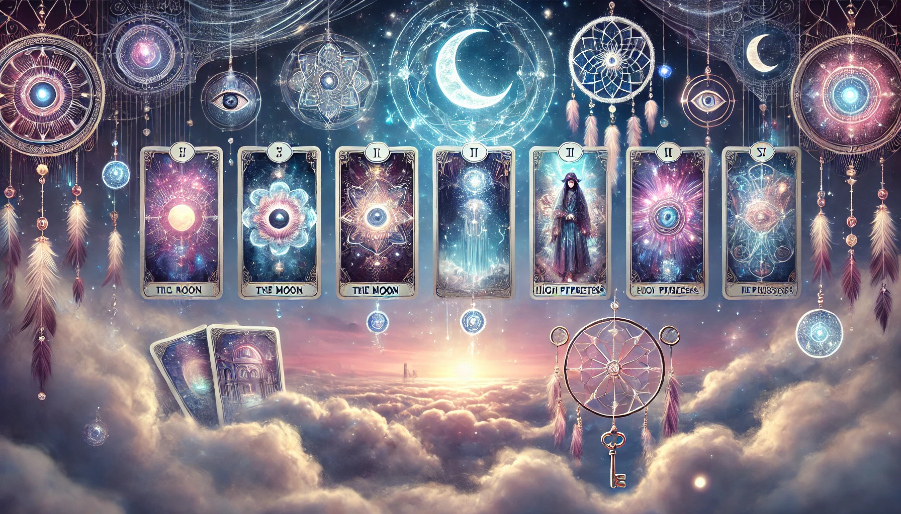 Mystical Tarot Card Reading for Dream Interpretation – A glowing tarot deck floating above misty clouds with The Moon and The High Priestess cards, a cosmic dreamcatcher, and dream symbols like keys, doors, and eyes set against a twilight sky.